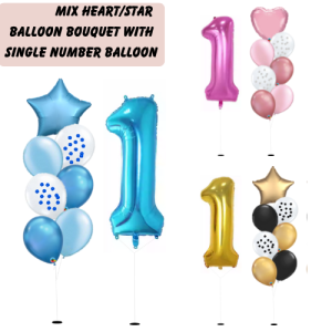 Mix Heart/Star Balloon Bouquet – with Single Giant Number Balloon